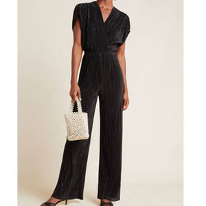 Anthropologie Porridge Women 2X Black Pleated Metallic jumpsuit black v- neck